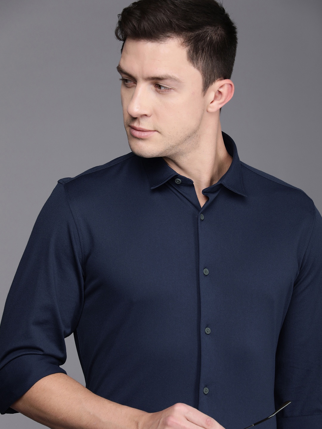 

Louis Philippe Ath Work Men Navy Blue Textured Super Slim Fit Casual Shirt