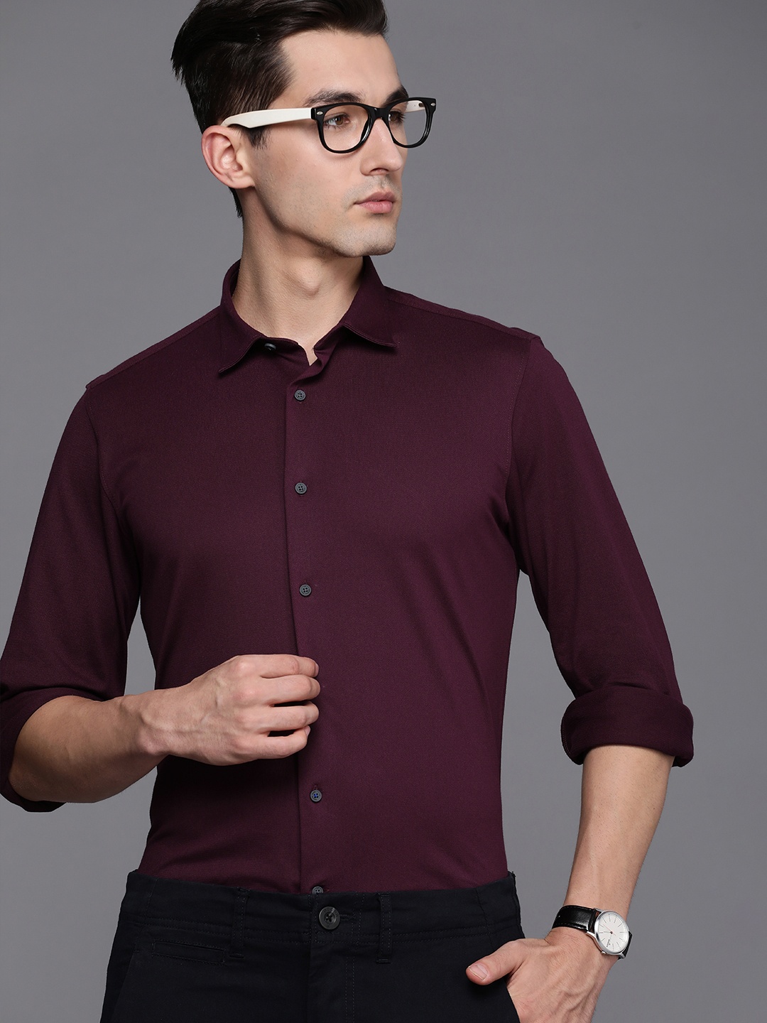 

Louis Philippe Ath.Work Men Burgundy Solid Super Slim Fit Warp Knit Smart Casual Shirt