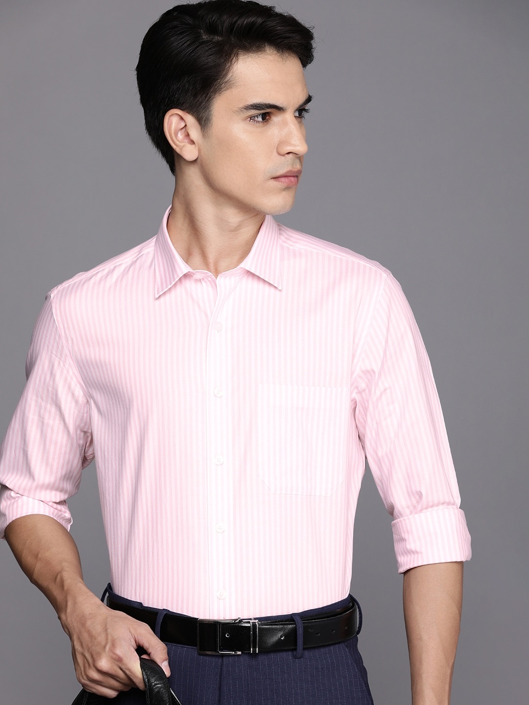 

Louis Philippe Men Pink & White Striped Slim Fit Pure Cotton Formal Shirt