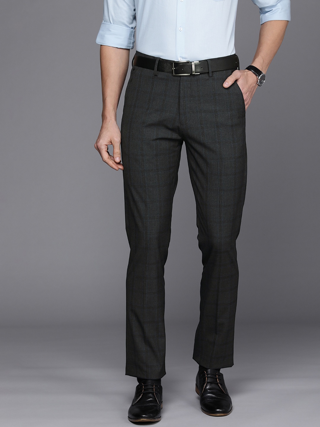 

Louis Philippe Men Charcoal Grey Self-Checked Slim Fit Trousers