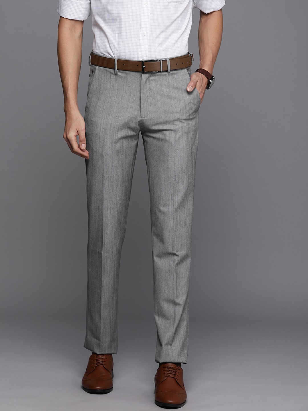 

Louis Philippe Men Grey Self Designed Slim Fit Pure Cotton Formal Trousers