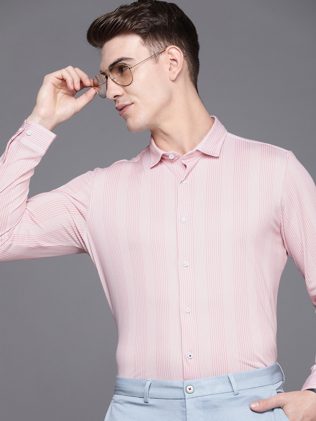 

Louis Philippe Ath.Work Men Pink And White Super Slim Fit Striped Semiformal Shirt