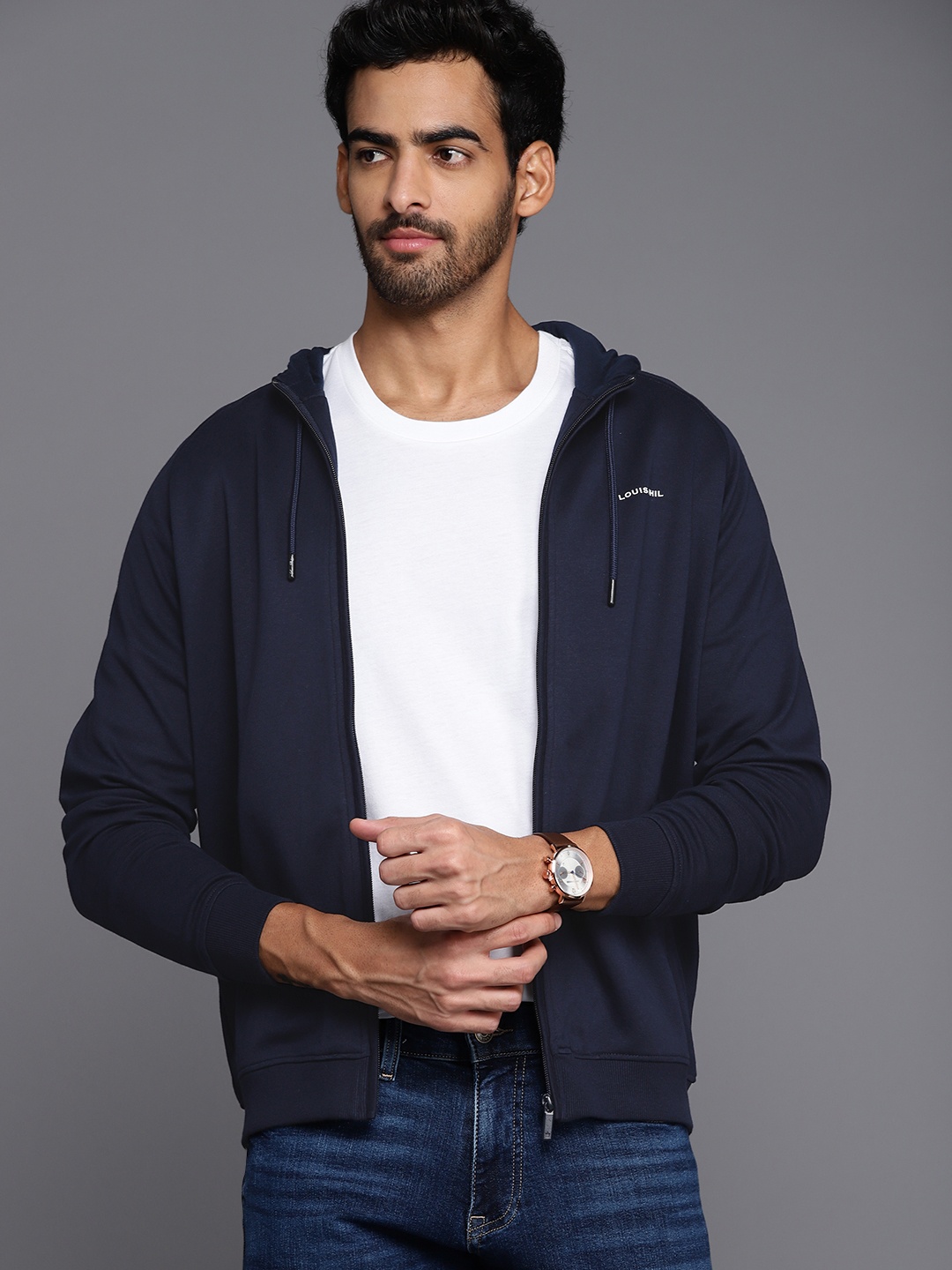 

Louis Philippe Men Navy Blue Solid Hooded Sweatshirt