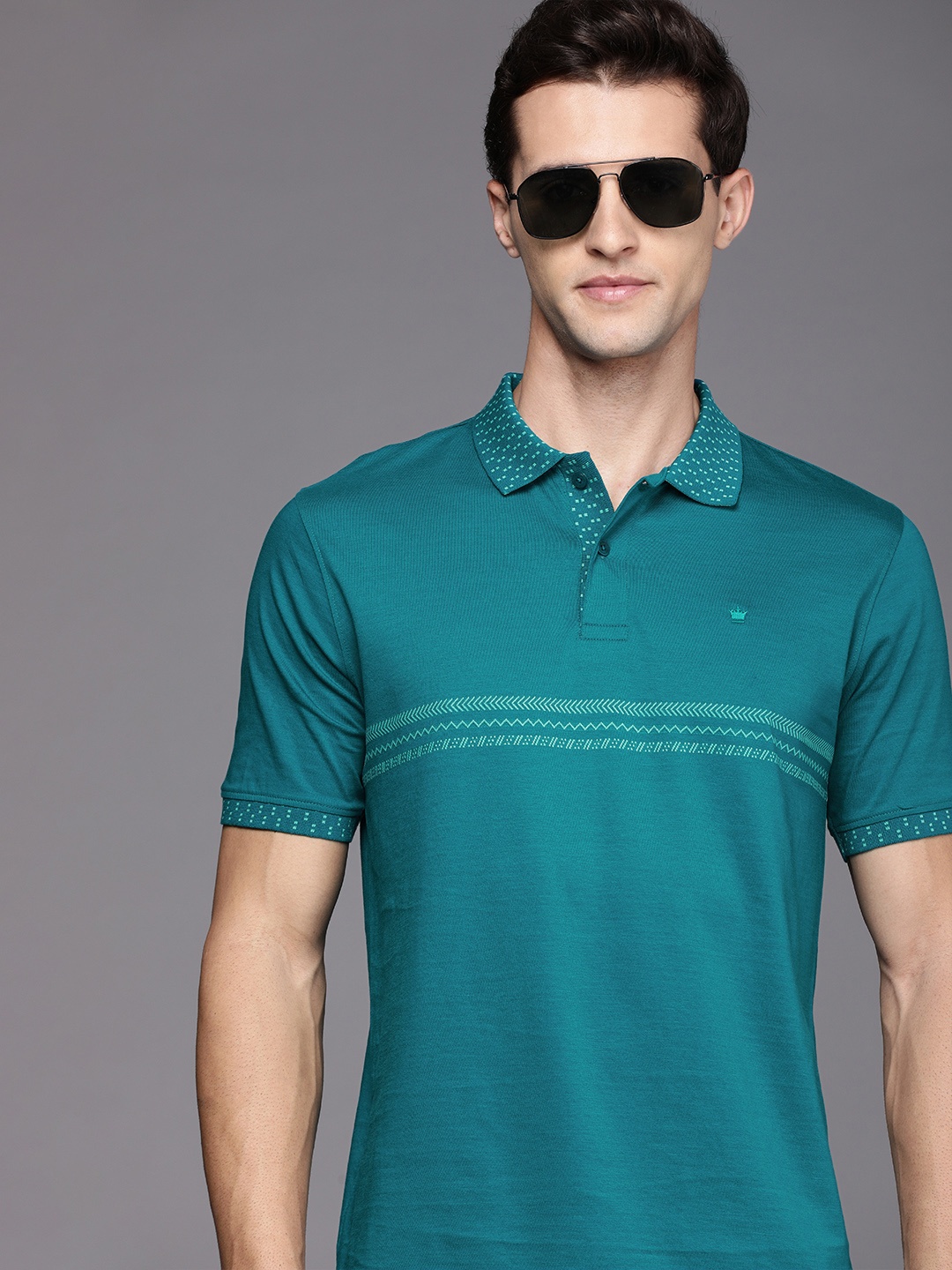 

Louis Philippe Men Teal Blue Printed Polo Collar Pure Cotton T-shirt