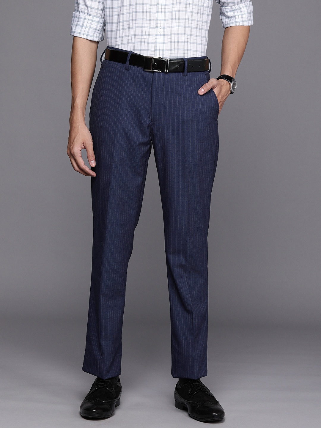 

Louis Philippe Men Navy Blue Striped Slim Fit Formal Trousers