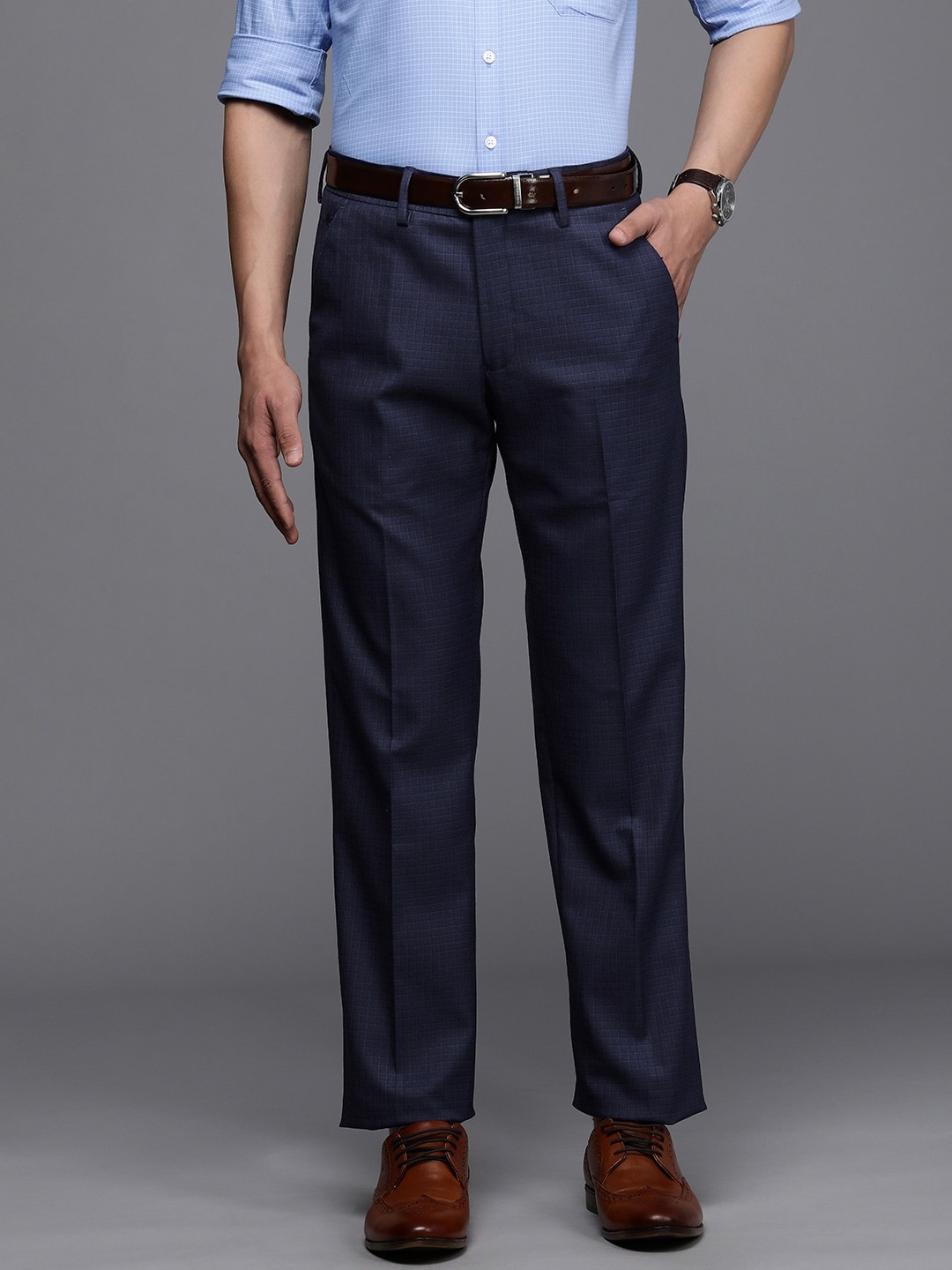

Louis Philippe Men Navy Blue Checked Formal Trousers