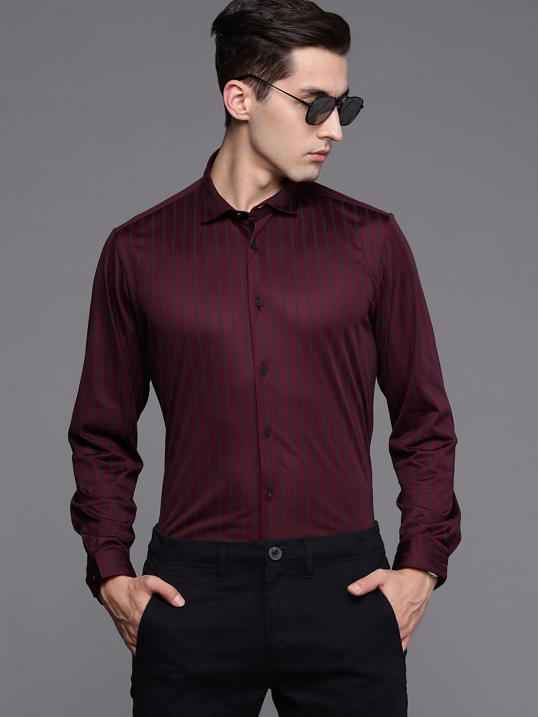 

Louis Philippe Ath.Work Men Maroon & Grey Super Slim Fit Striped Casual Shirt
