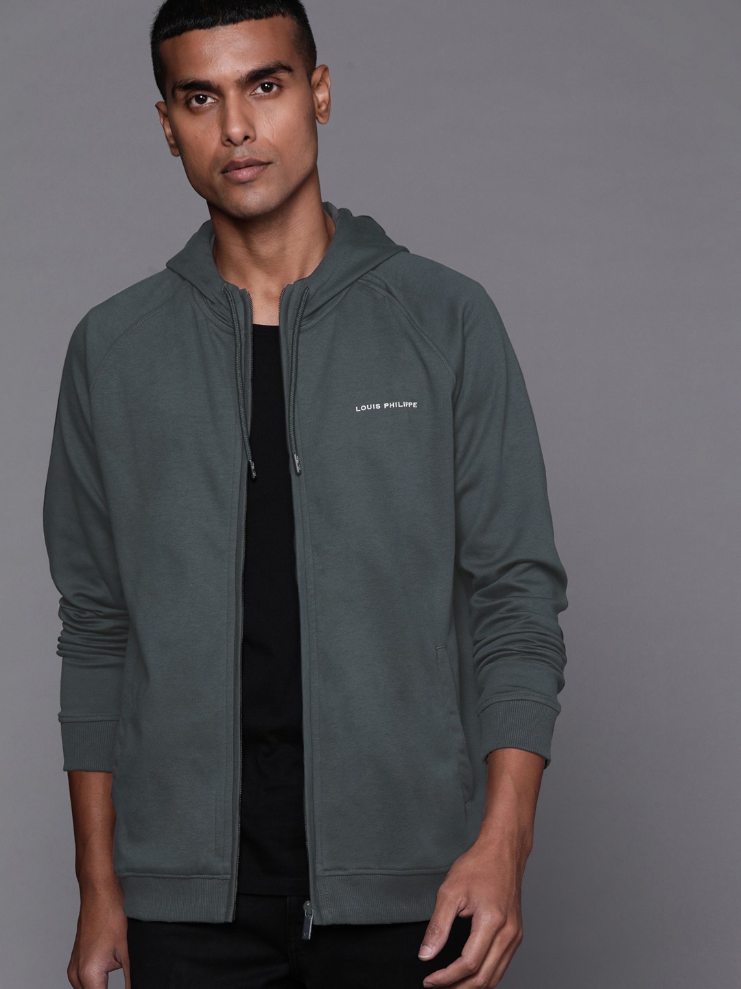 

Louis Philippe Men Navy Blue with a tinge Grey Hooded Sweatshirt
