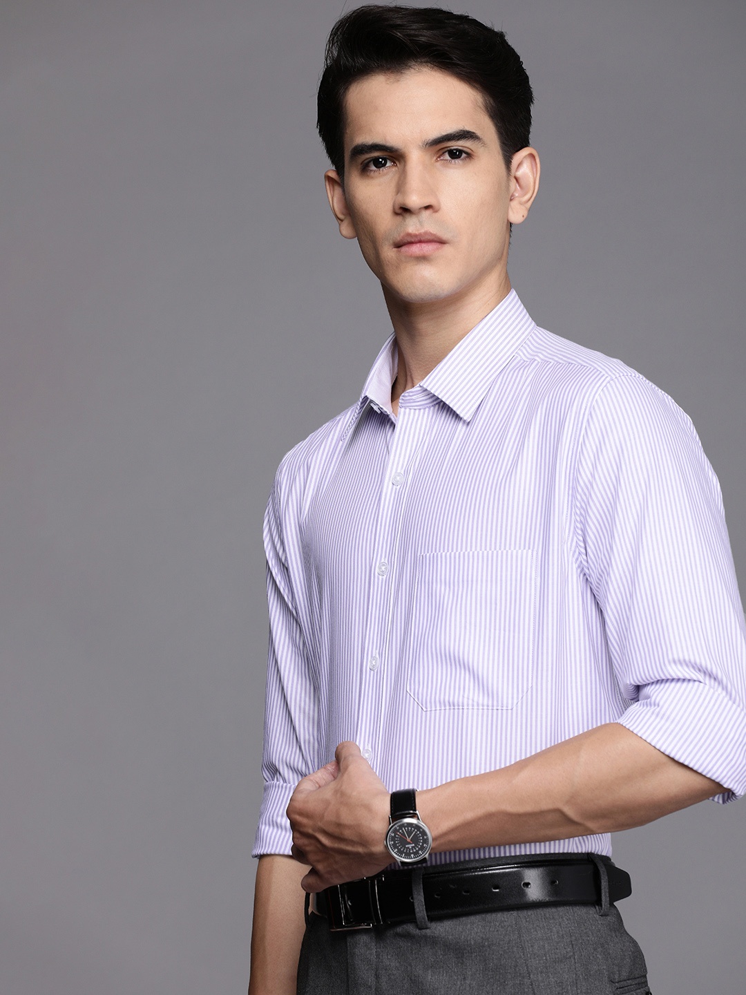 

Louis Philippe Men Purple & White Slim Fit Striped Pure Cotton Formal Shirt