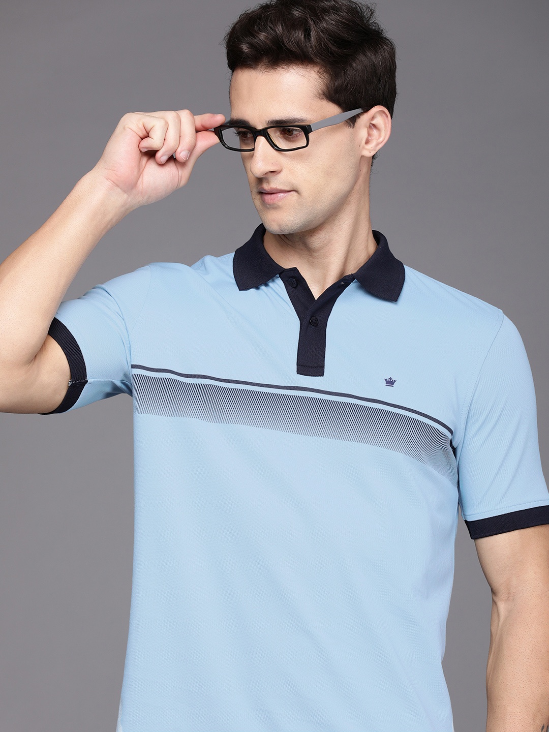 

Louis Philippe Men Blue & Navy Blue Striped Polo Collar Pure Cotton T-shirt