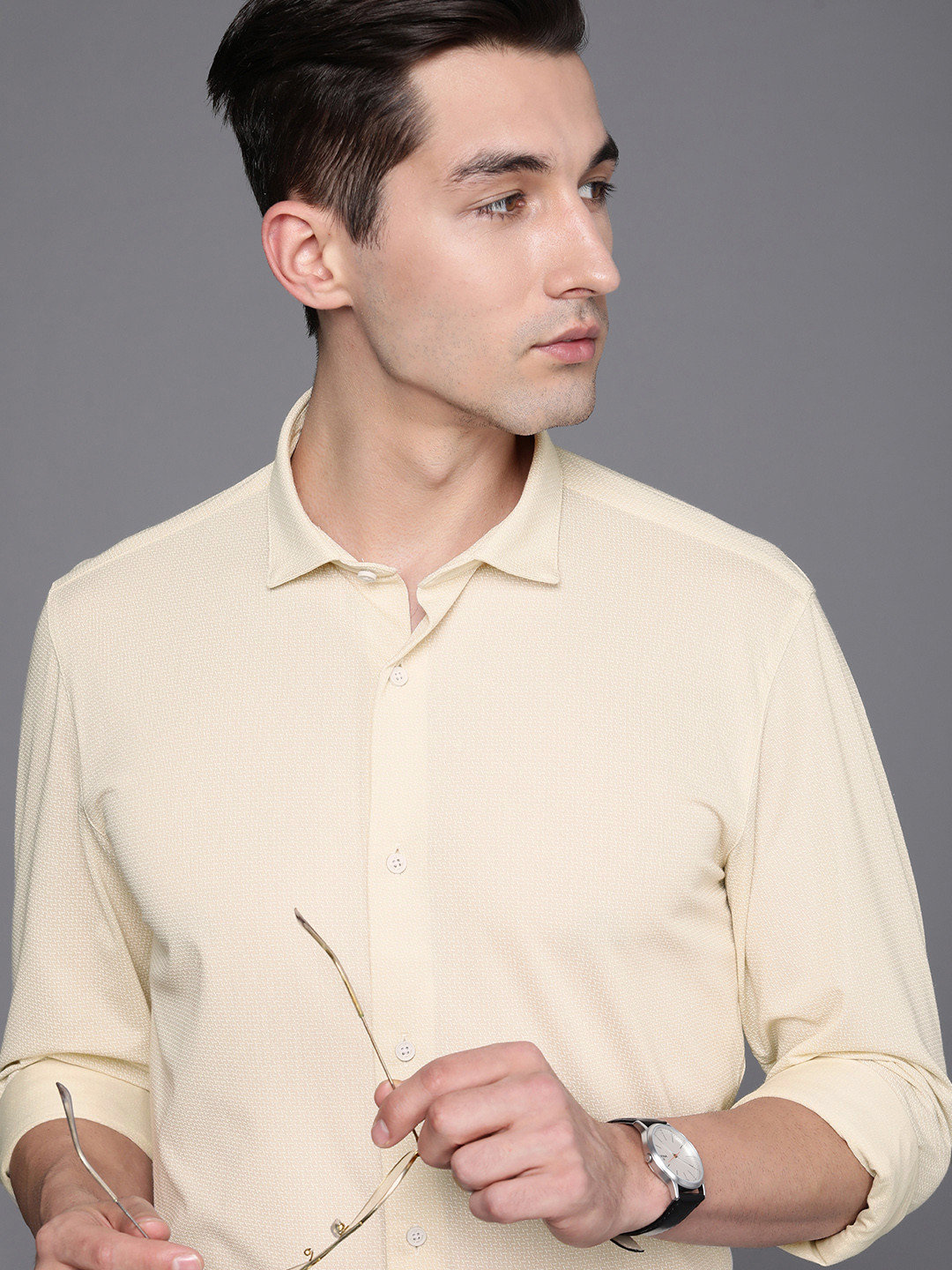 

Louis Philippe Ath Work Men Beige Super Slim Fit Printed Warp Knit Smart Casual Shirt