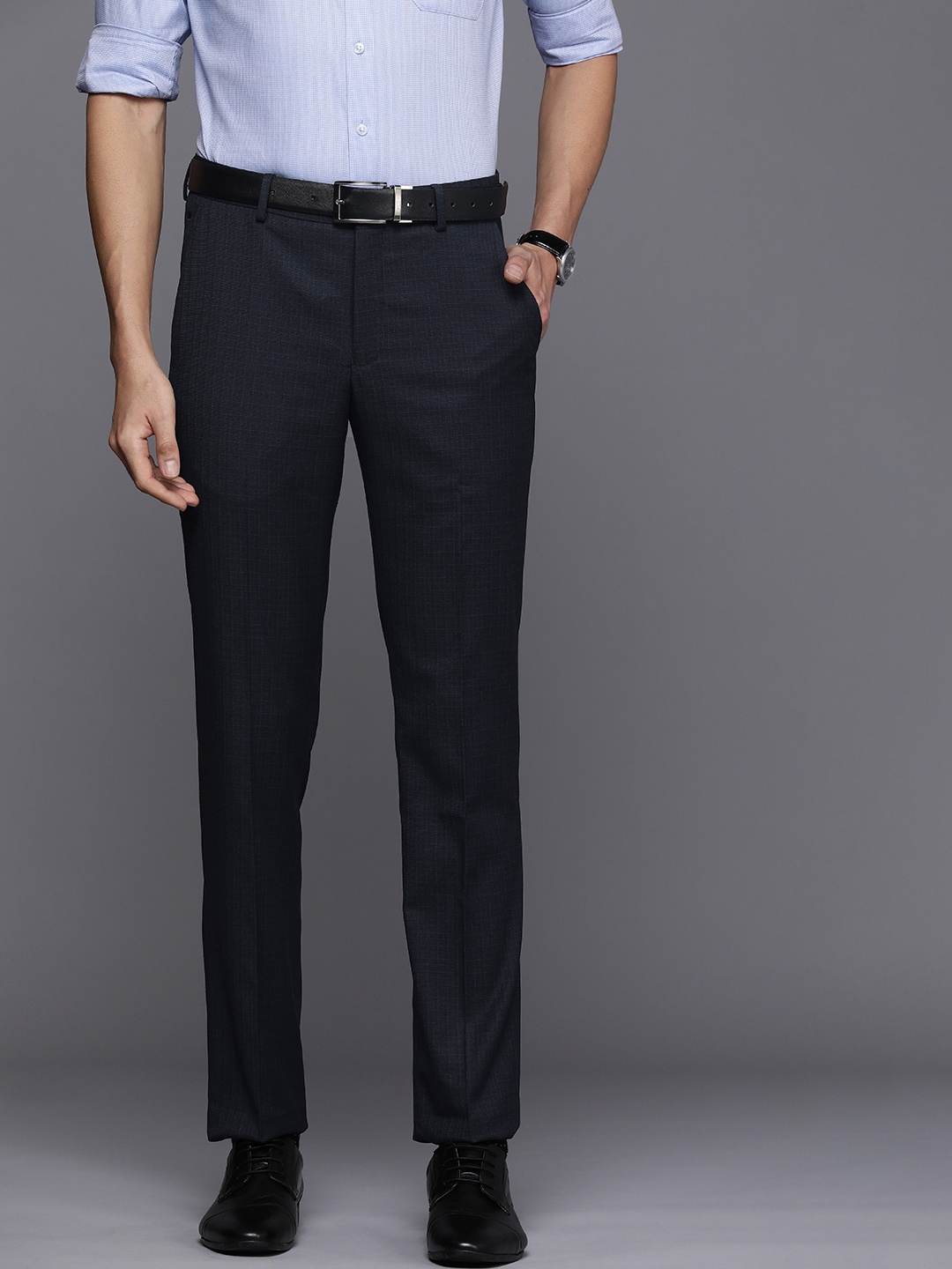 

Louis Philippe Men Navy Blue Checked Slim Fit Trousers