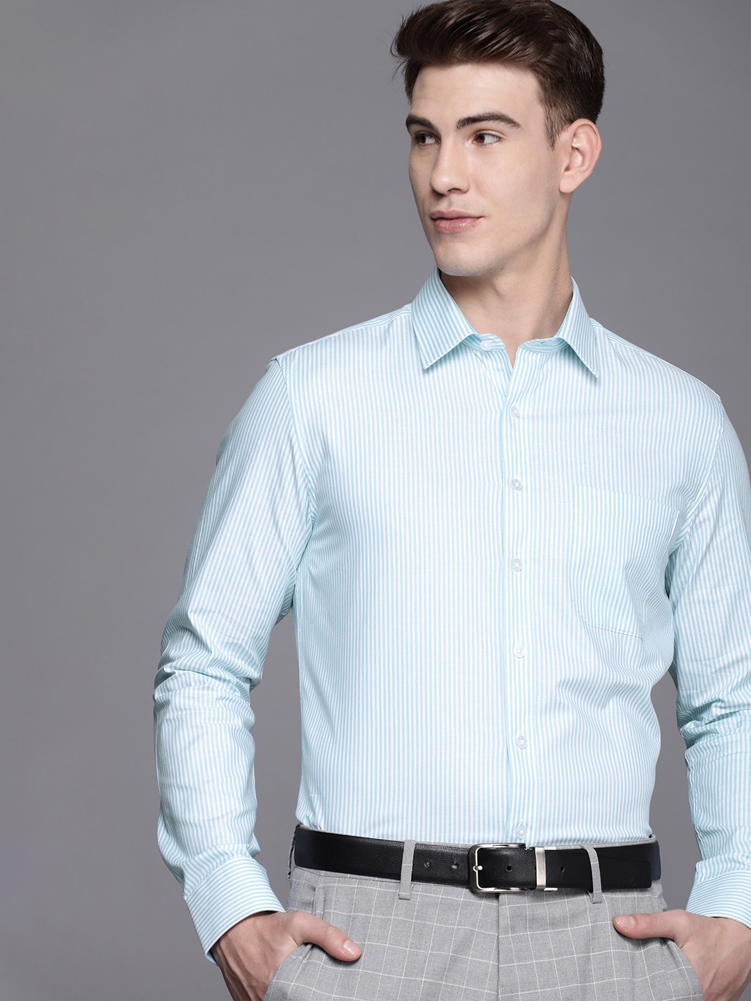 

Louis Philippe Men White & Blue Slim Fit Striped Pure Cotton Formal Shirt