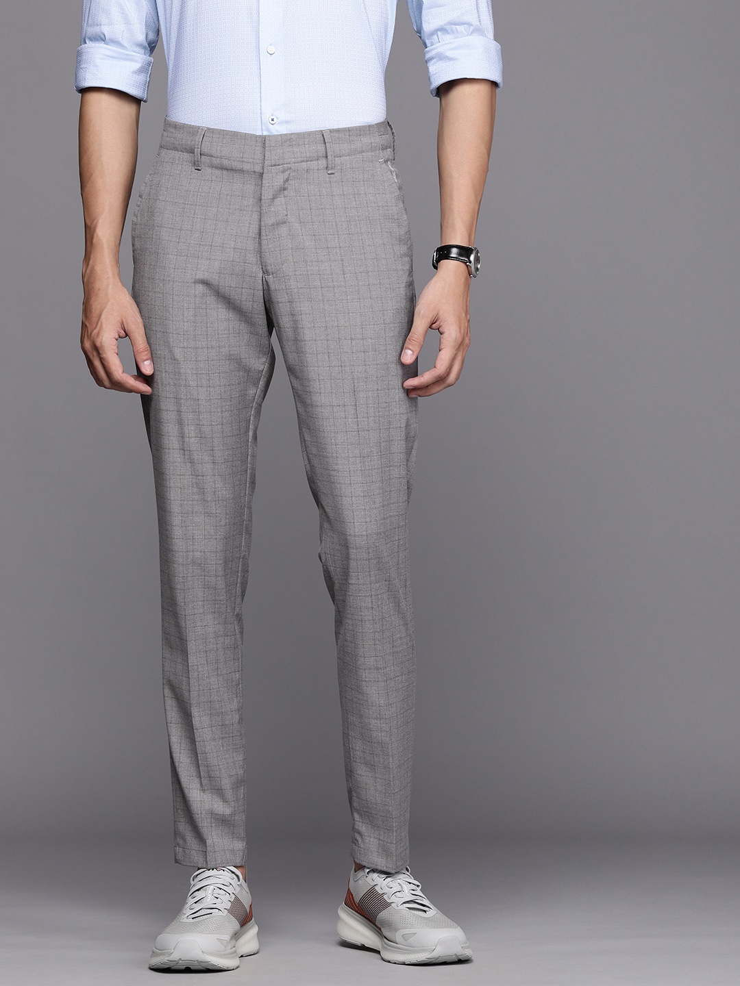 

Louis Philippe Ath.Work Men Grey Checked Tapered Fit Trousers