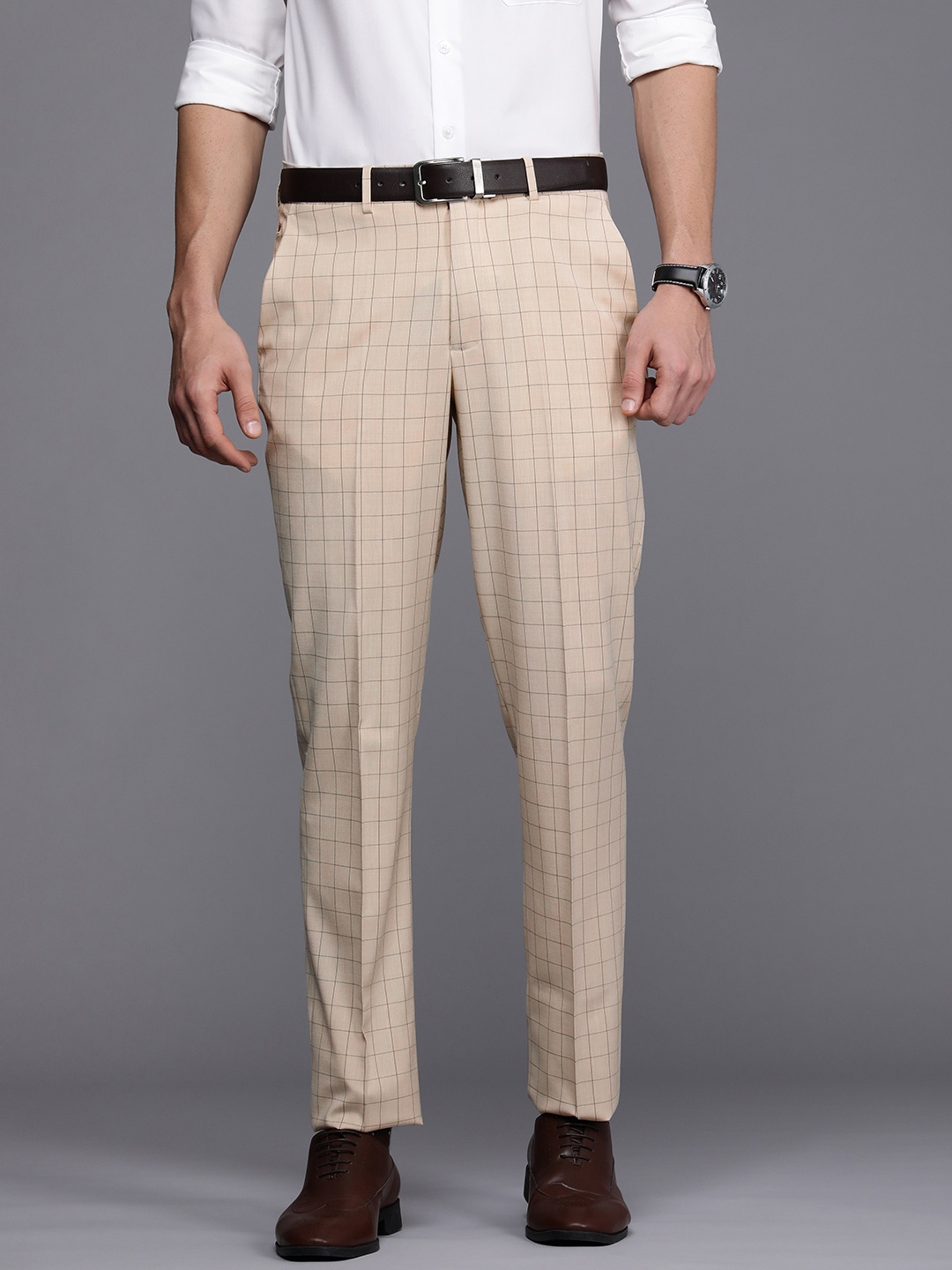 

Louis Philippe Men Beige Checked Slim Fit Formal Trousers