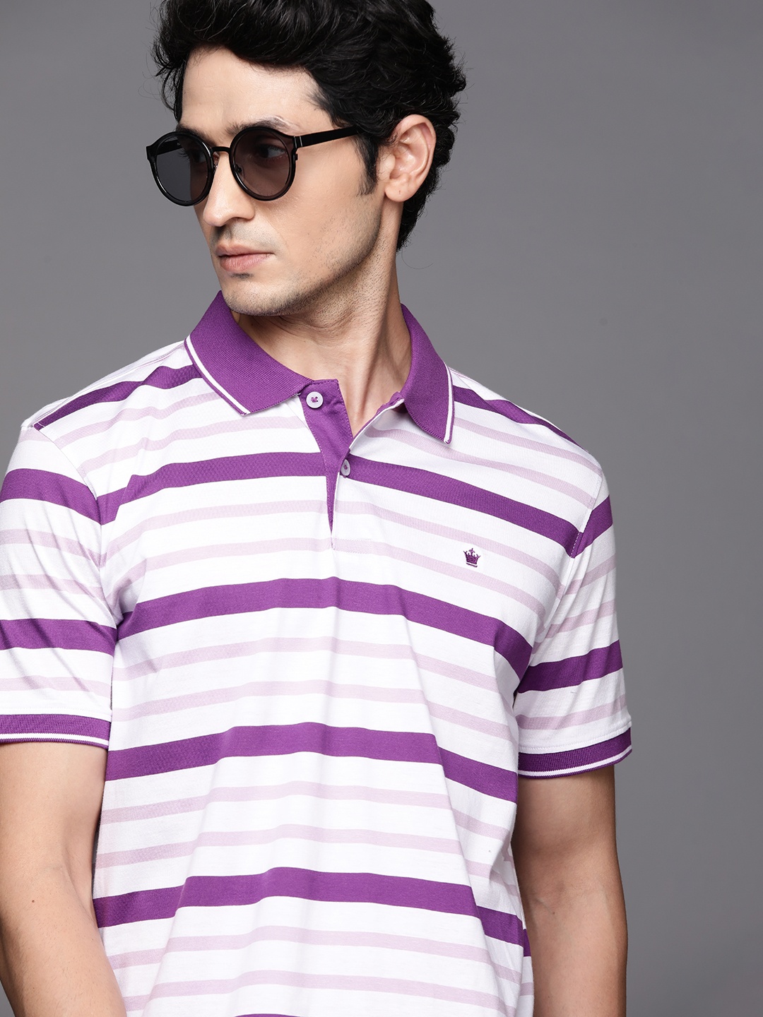 

Louis Philippe Men White & Purple Pure Cotton Striped Polo Collar T-shirt