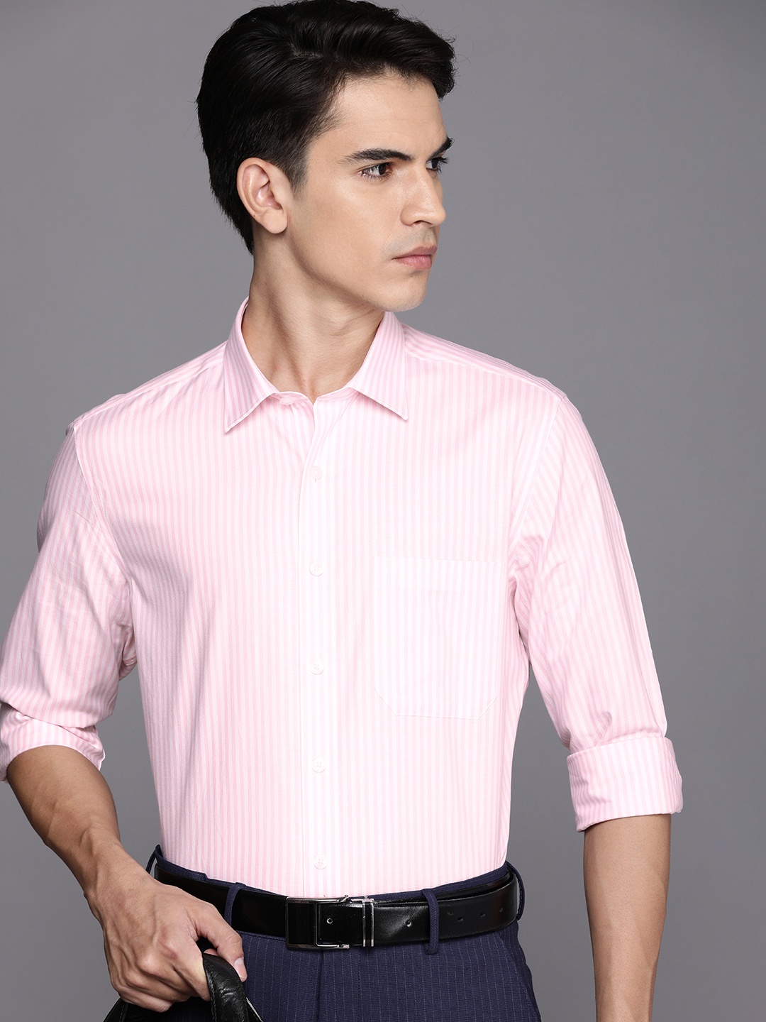 

Louis Philippe Men Pink & White Slim Fit Striped Pure Cotton Formal Shirt