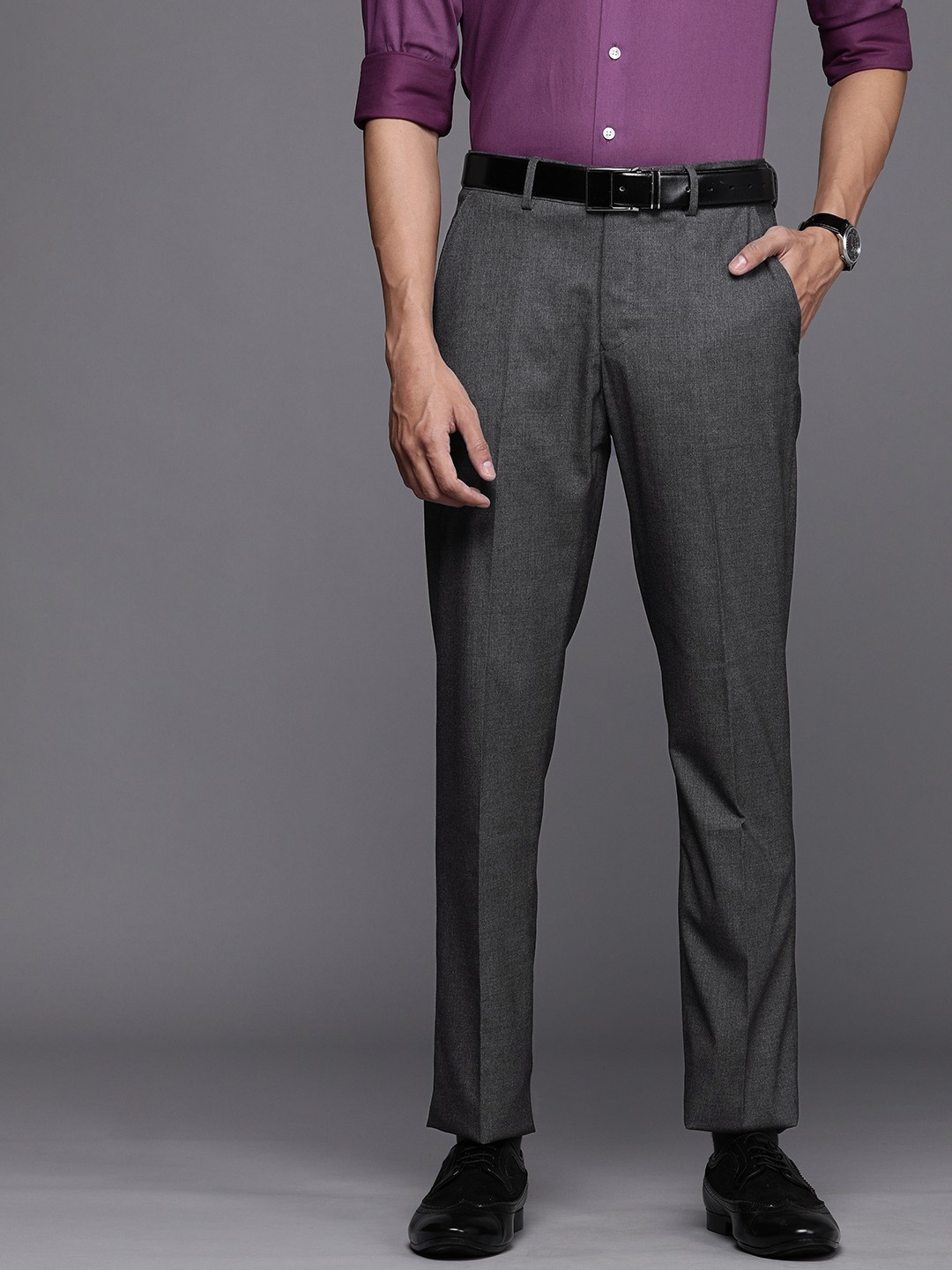 

Louis Philippe Men Charcoal Grey Solid Slim Fit Trousers