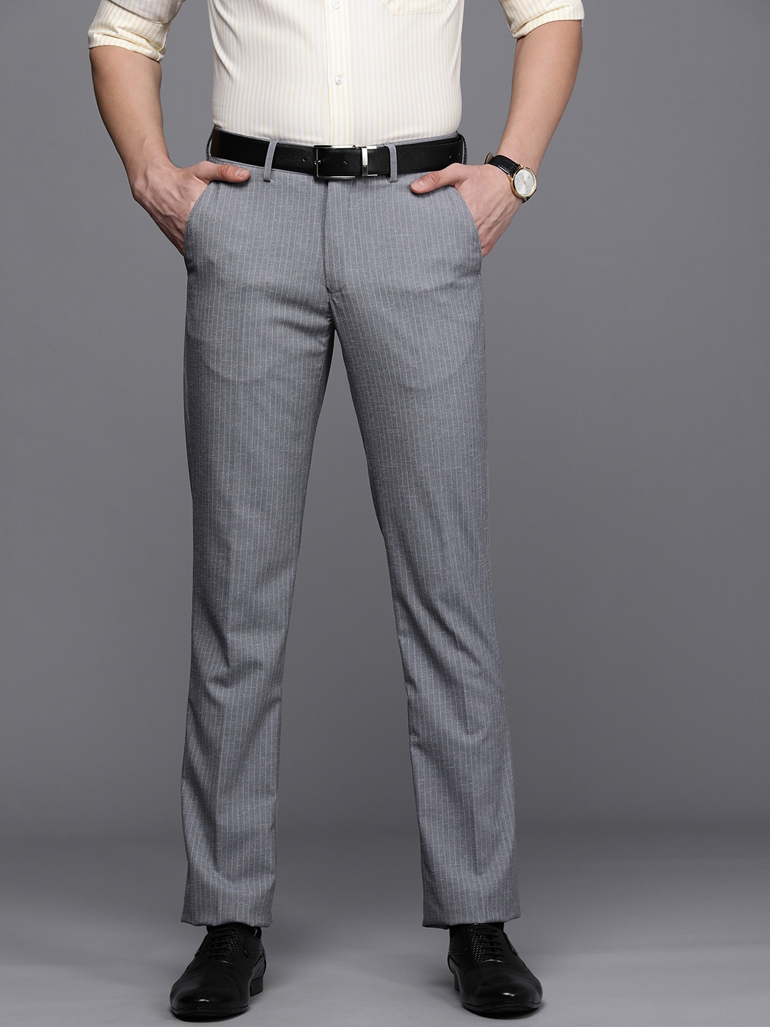 

Louis Philippe Men Grey Striped Slim Fit Trousers