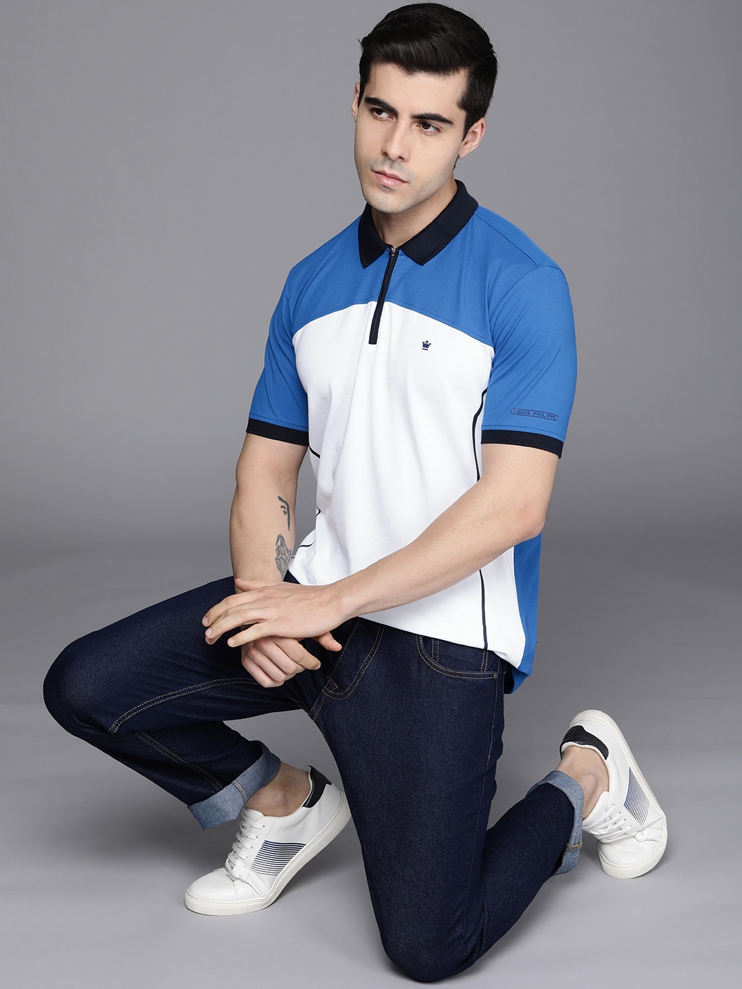 

Louis Philippe Men Golf Leisure White & Blue Colourblocked Polo Collar T-shirt
