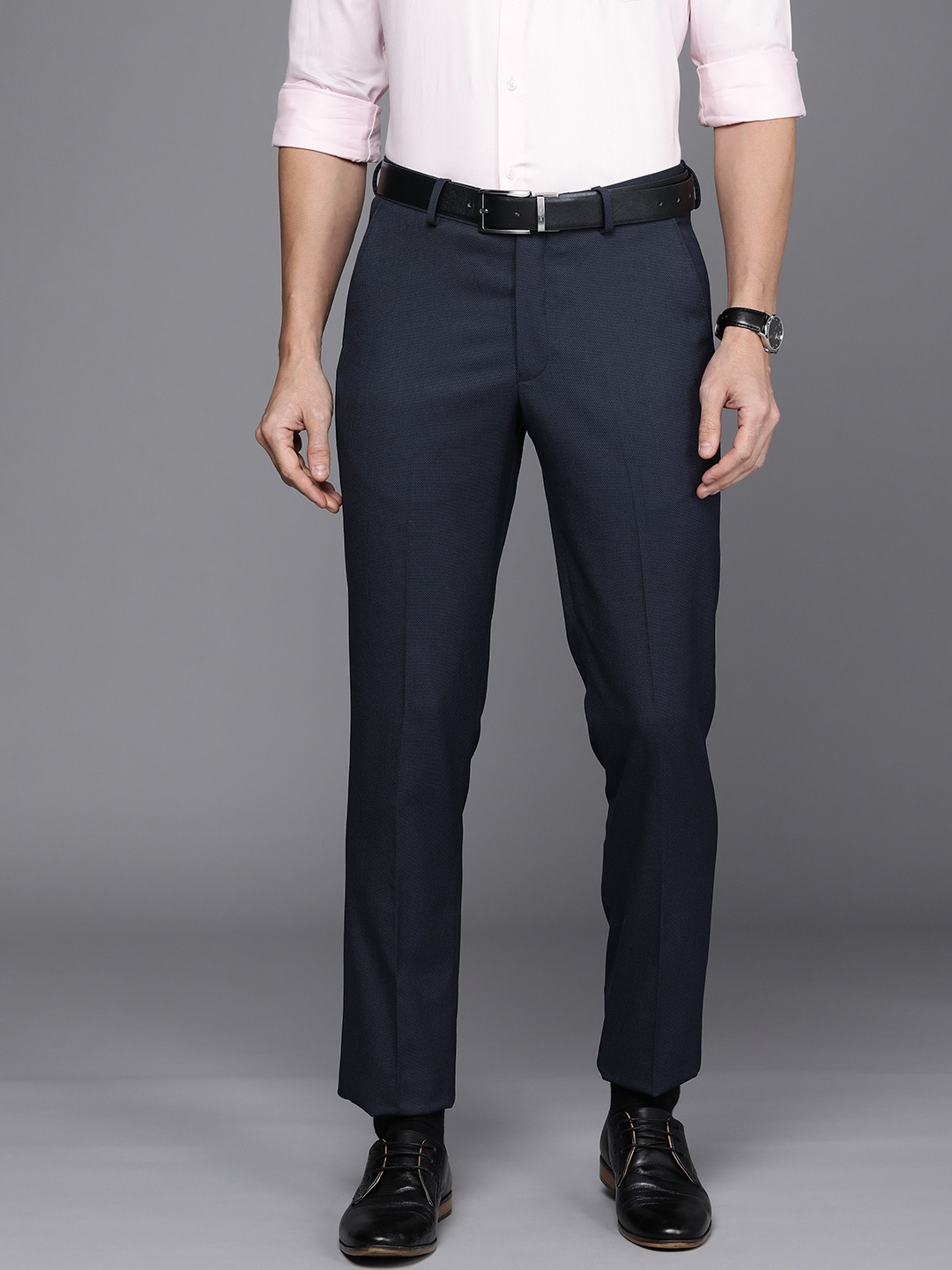 

Louis Philippe Men Navy Blue Textured Slim Fit Trousers