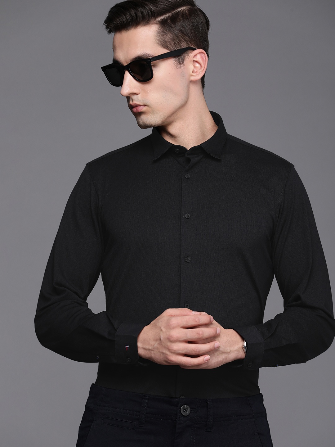 

Louis Philippe Ath Work Men Black Super Slim Fit Warp Knit Smart Casual Shirt
