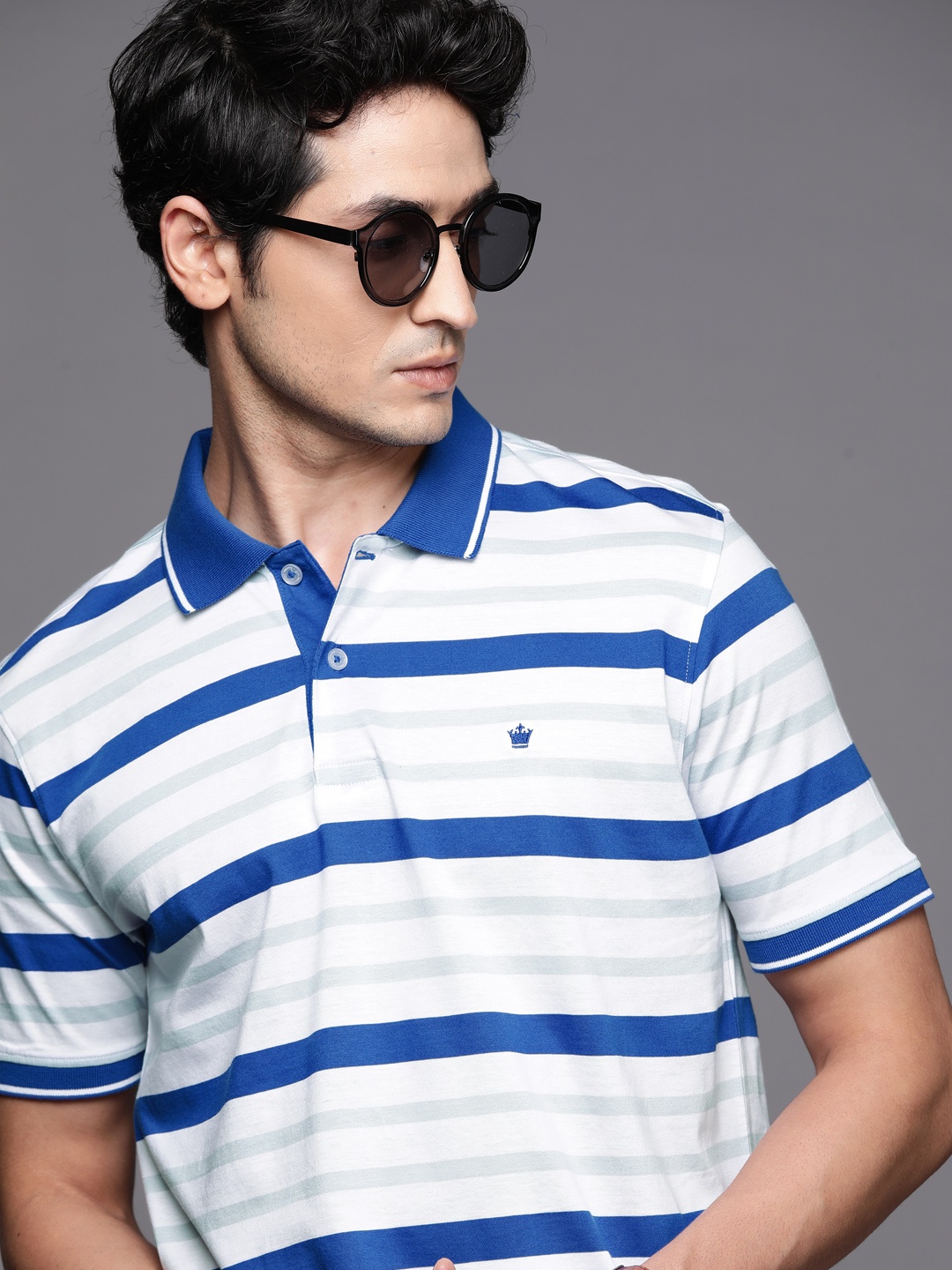 

Louis Philippe Men White & Blue Pure Cotton Striped Polo Collar T-shirt