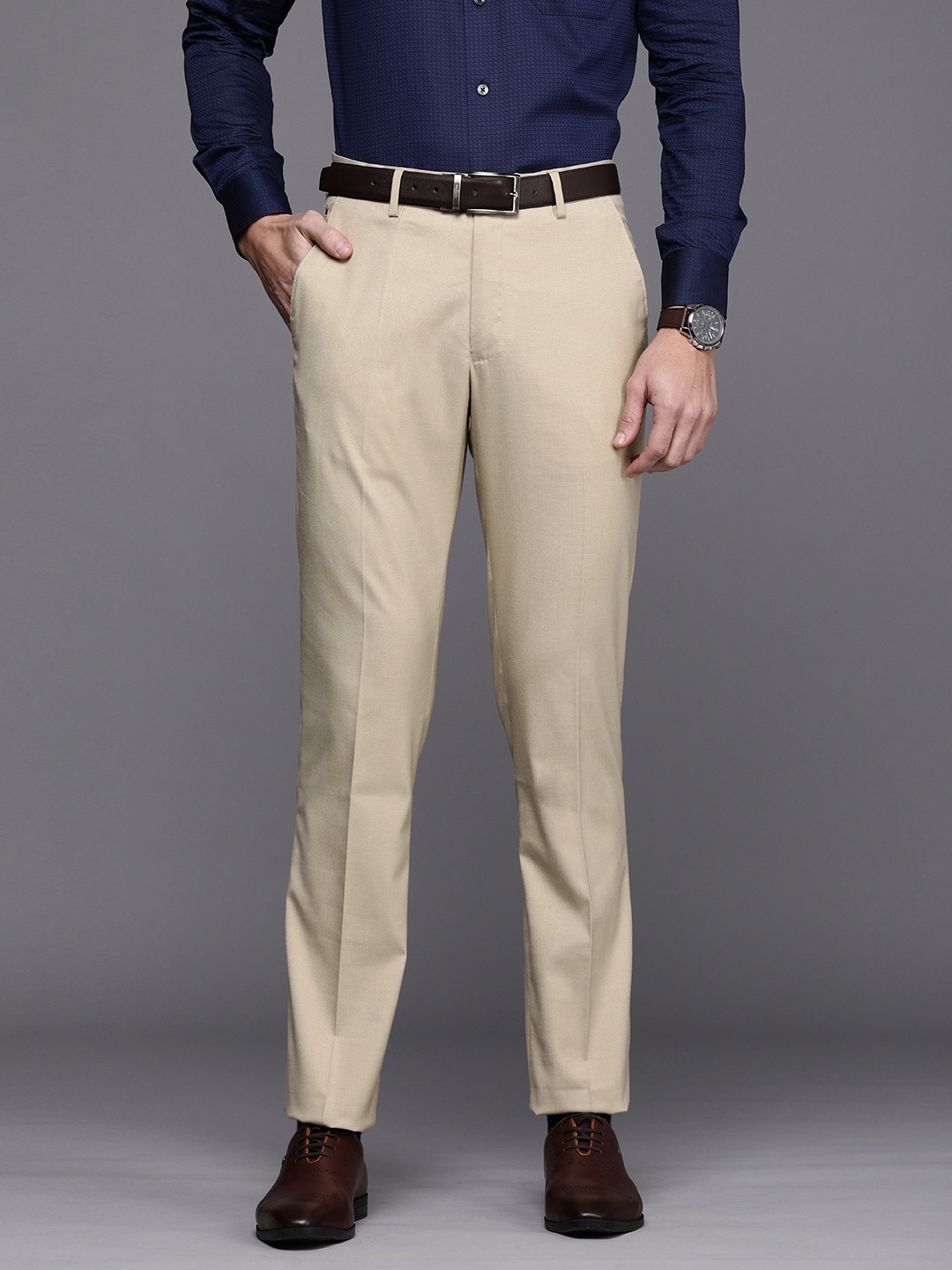 

Louis Philippe Men Beige Solid Slim Fit Trousers