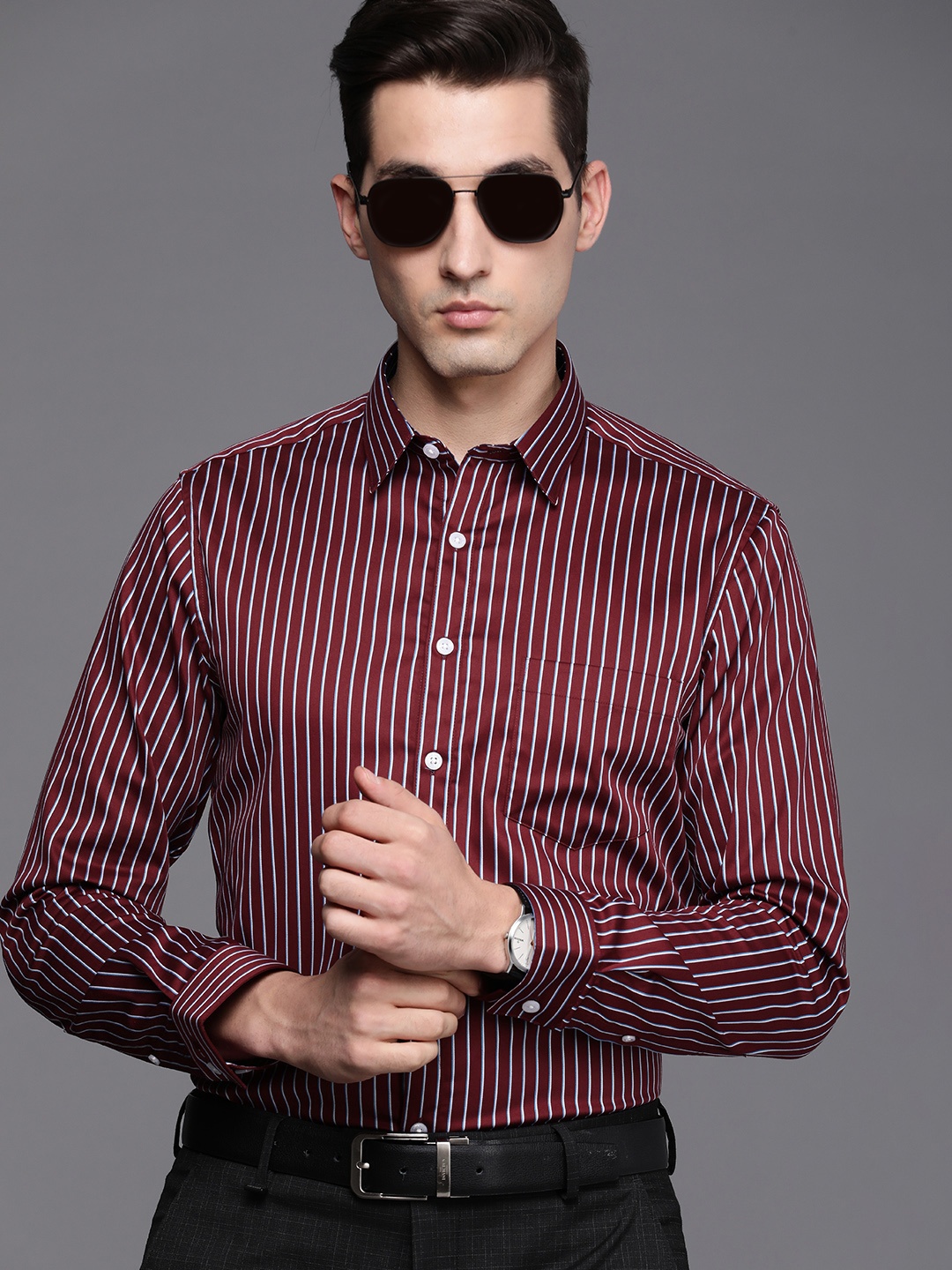 

Louis Philippe Maroon & Blue Striped Pure Cotton Slim Fit Formal Shirt