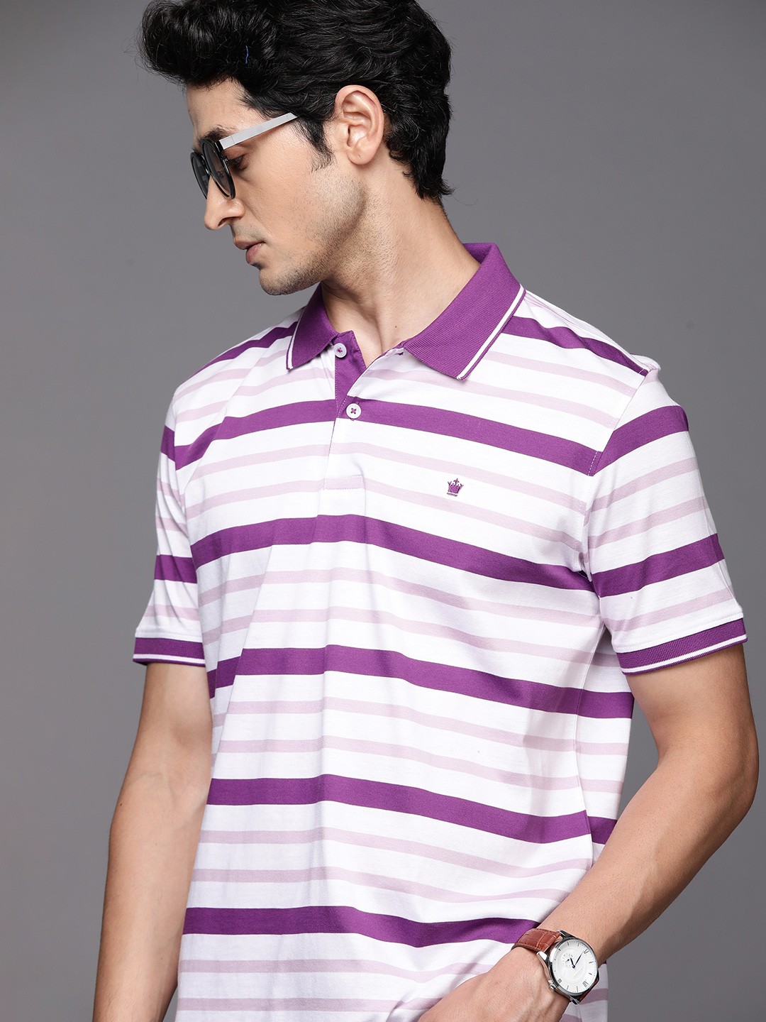

Louis Philippe Men White & Purple Pure Cotton Striped Polo Collar T-shirt