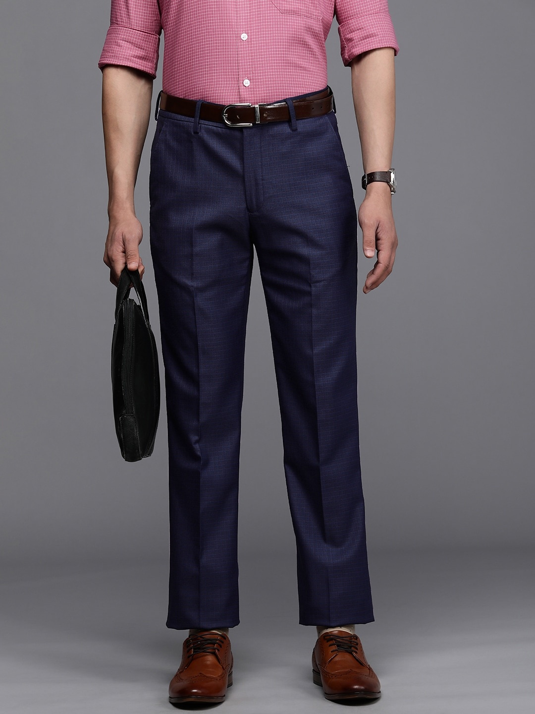 

Louis Philippe Men Navy Blue Checked Slim Fit Formal Trousers