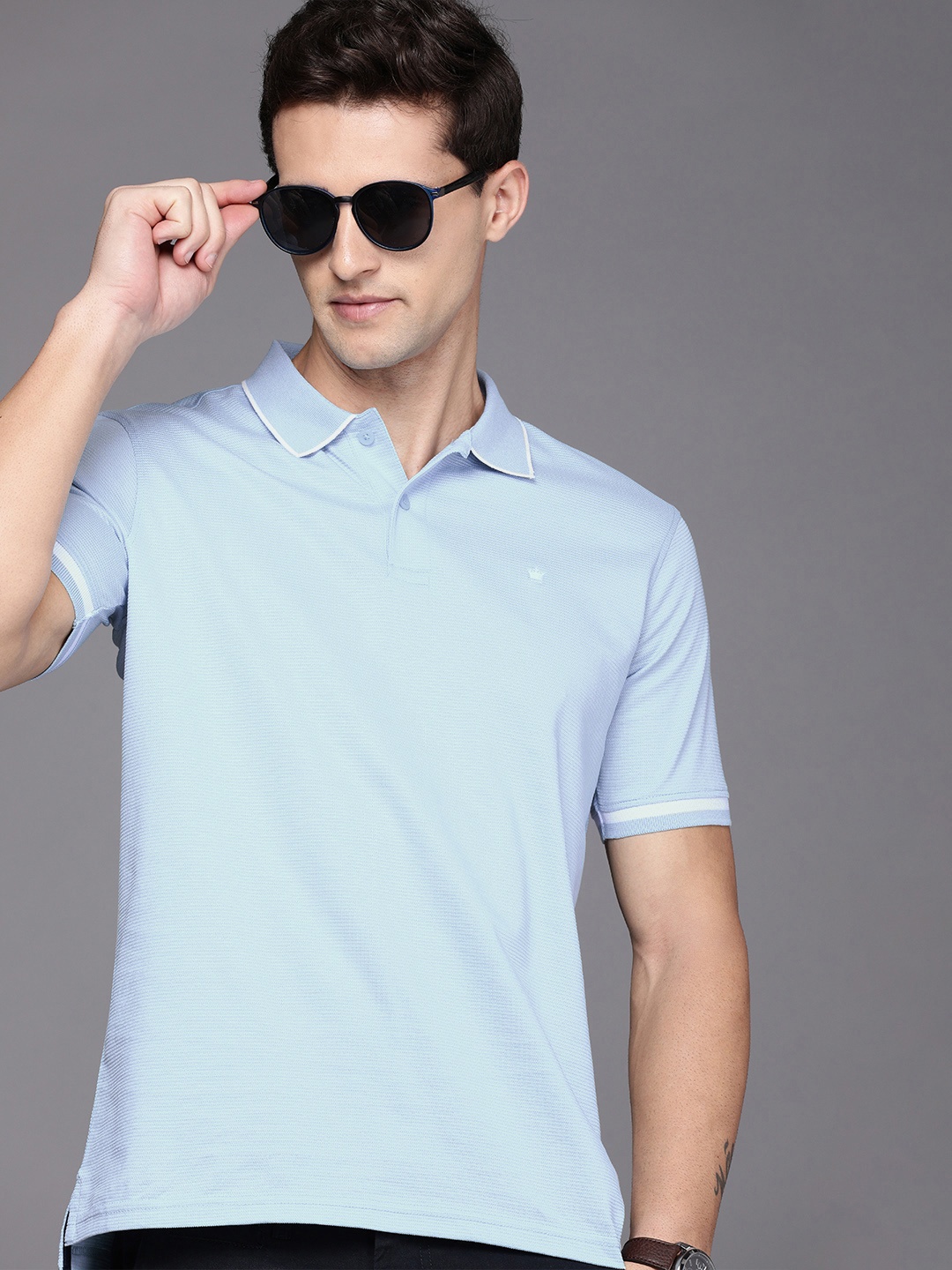 

Louis Philippe Men BlueTextured Pure Cotton Polo Collar T-shirt, Blue