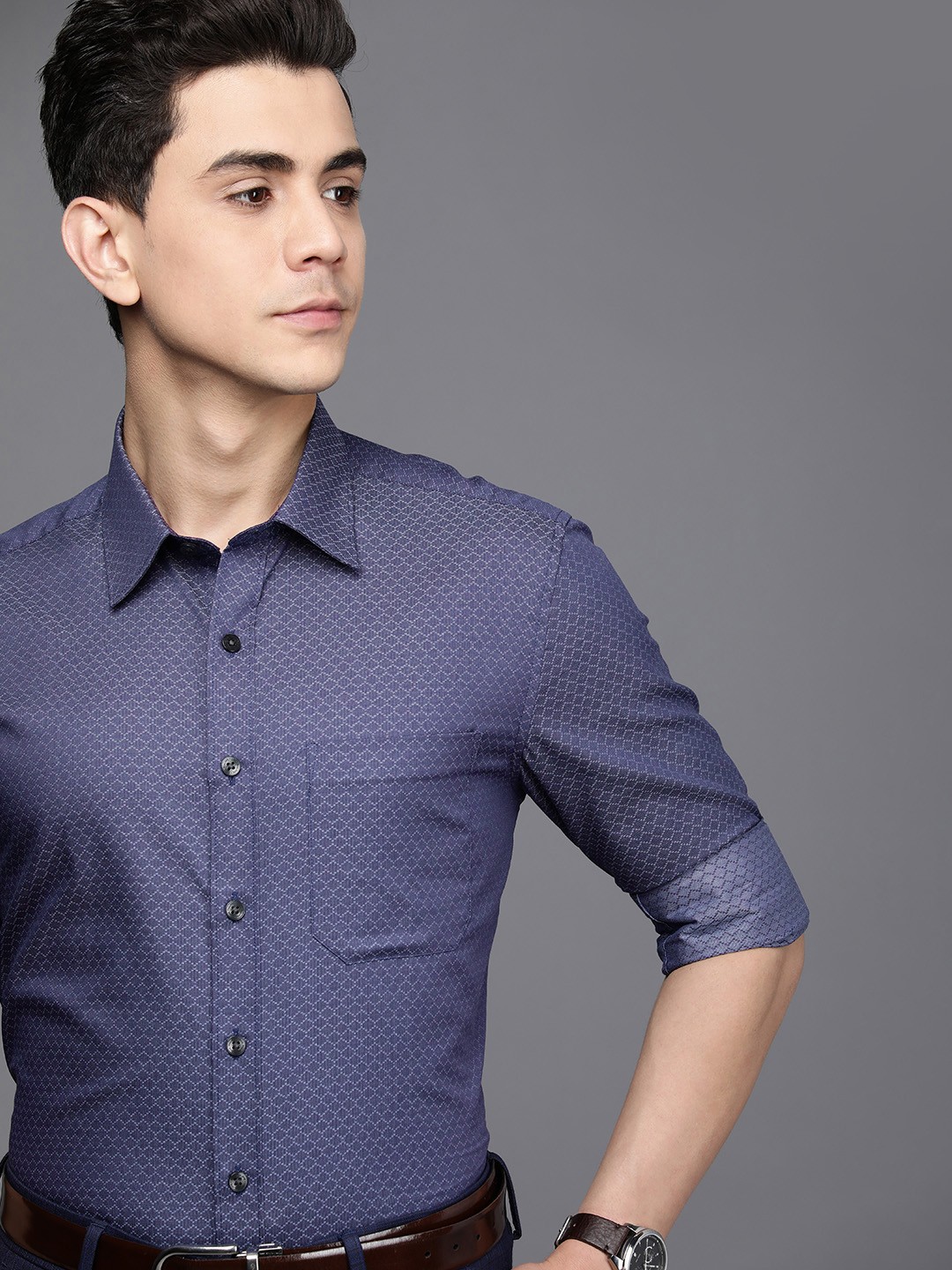 

Louis Philippe Men Navy Blue & Grey Slim Fit Pure Cotton Formal Shirt