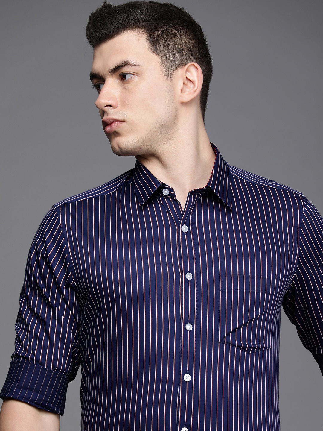 

Louis Philippe Men Navy Blue & White Slim Fit Striped FPure Cotton ormal Shirt
