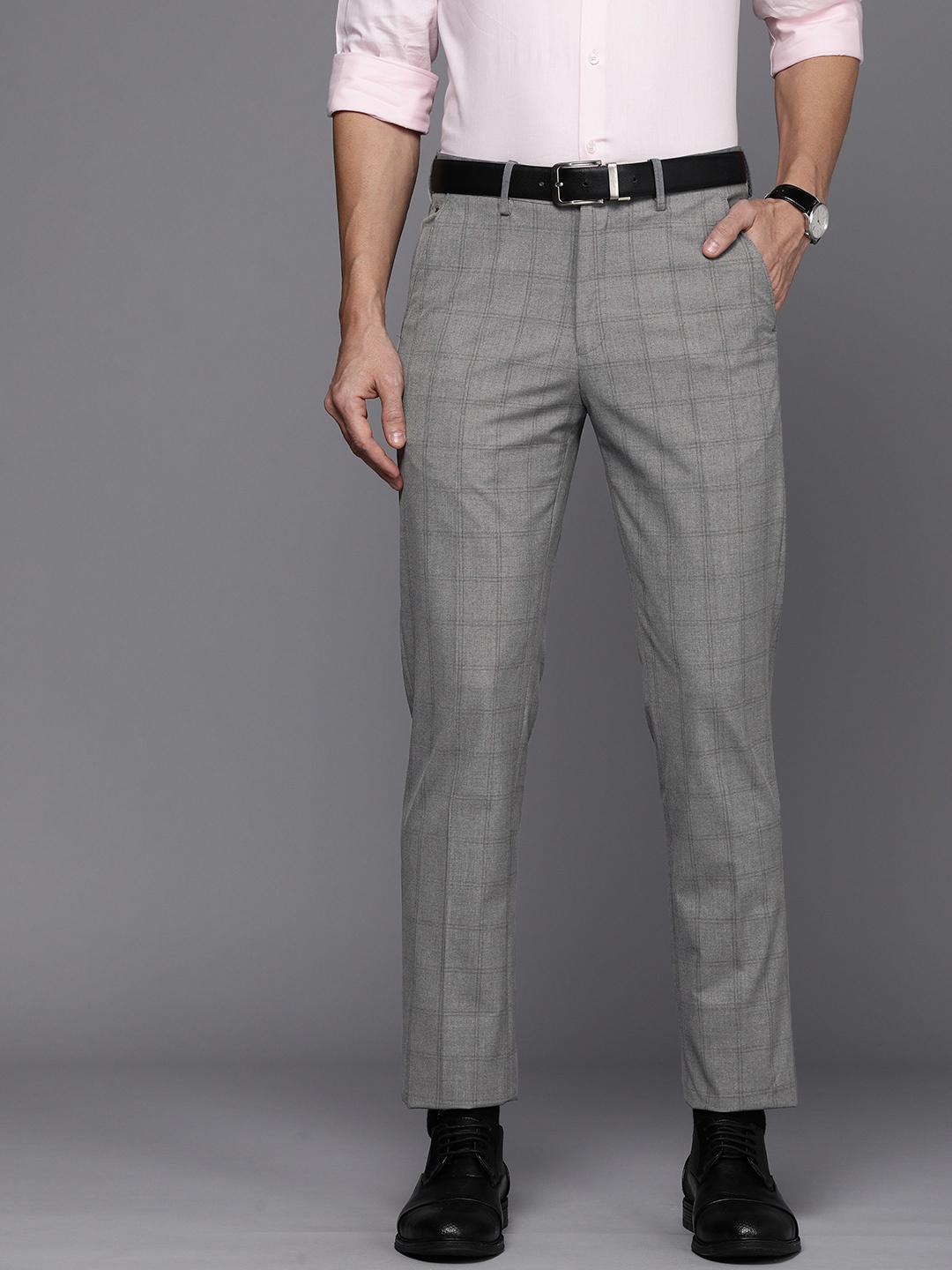 

Louis Philippe Men Grey Checked Slim Fit Formal Trousers