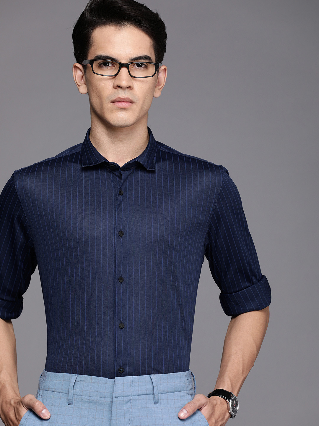

Louis Philippe Ath.Work Men Navy Blue Super Slim Fit Semi Sheer Striped Formal Shirt