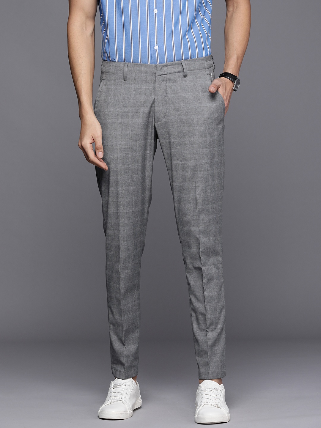 

Louis Philippe Ath Work Men Grey & White Checked Slim Fit Trousers