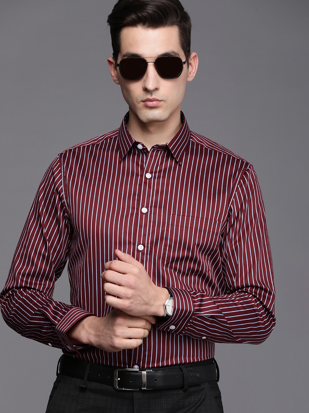 

Louis Philippe Men Maroon And Blue Slim Fit Striped Pure Cotton Formal Shirt