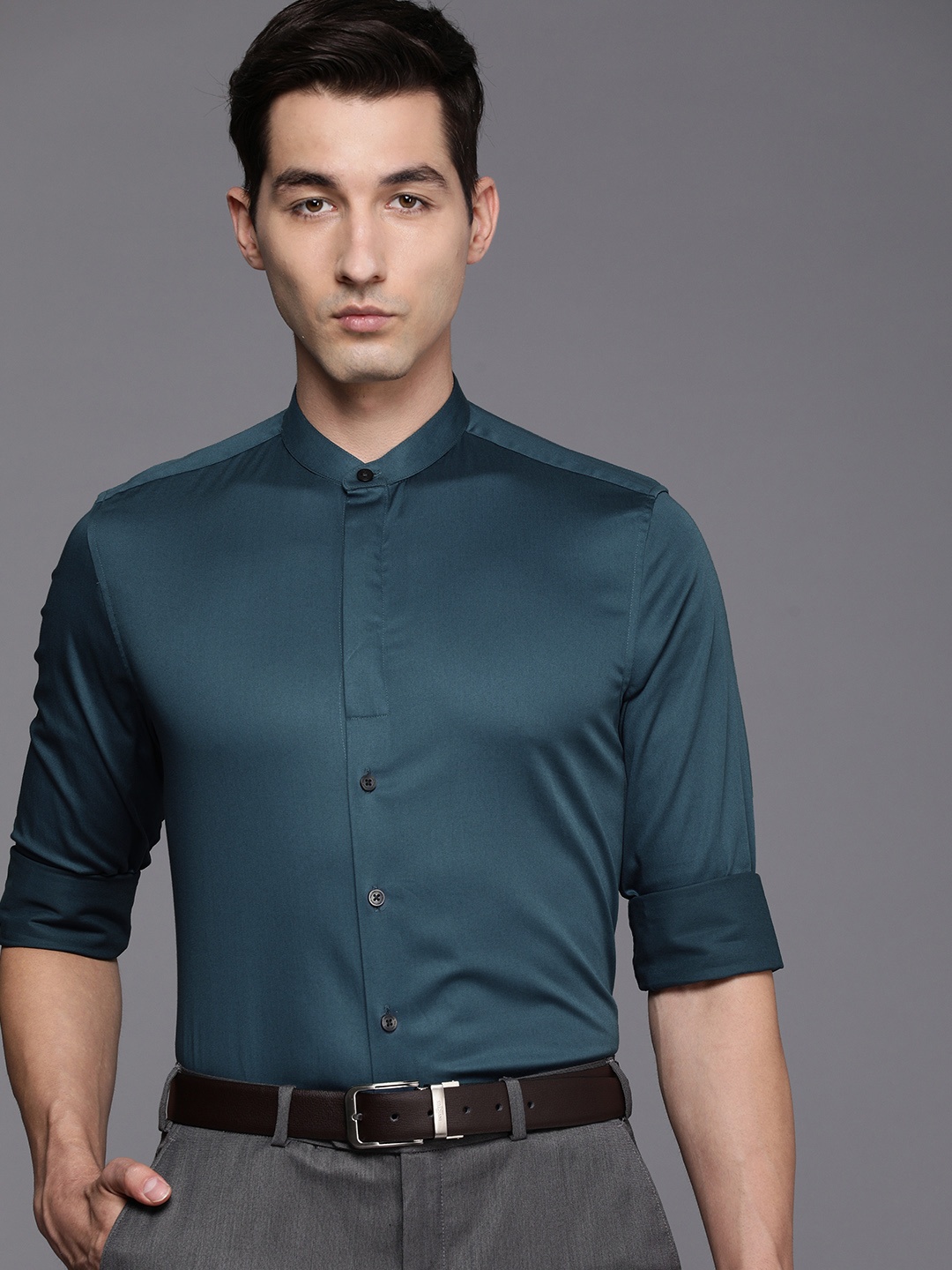 

Louis Philippe Teal Blue Solid Band Collar Slim Fit Casual Shirt