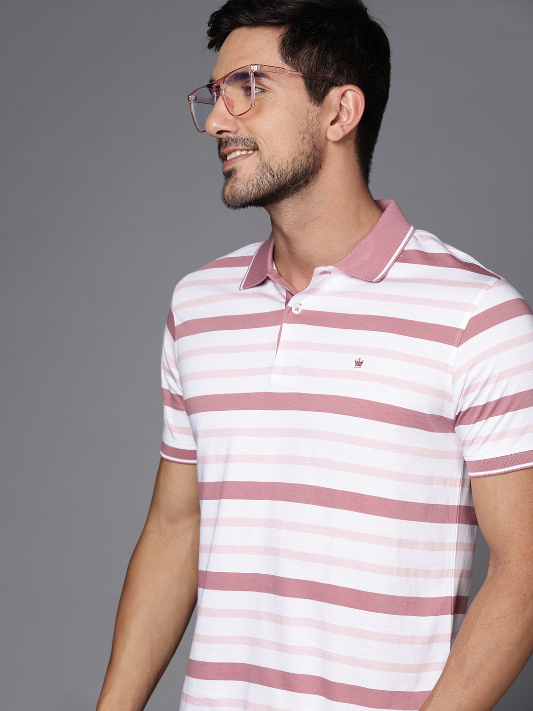 

Louis Philippe Men Pink & White Striped Polo Collar Pure Cotton T-shirt