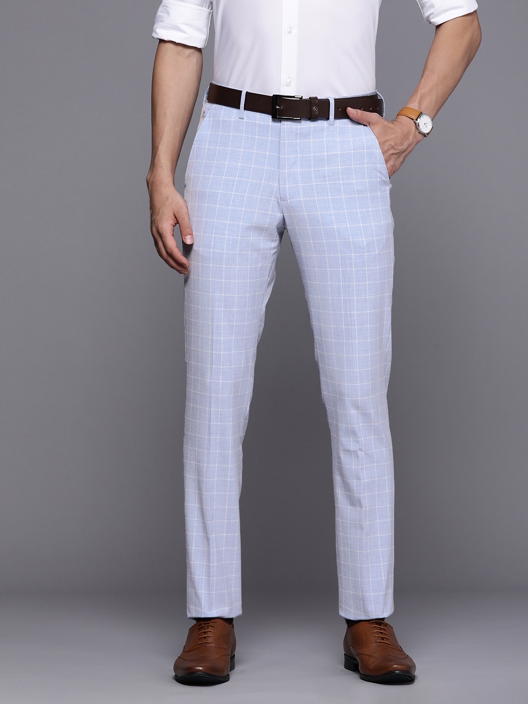 

Louis Philippe Men Blue Checked Slim Fit Formal Trousers