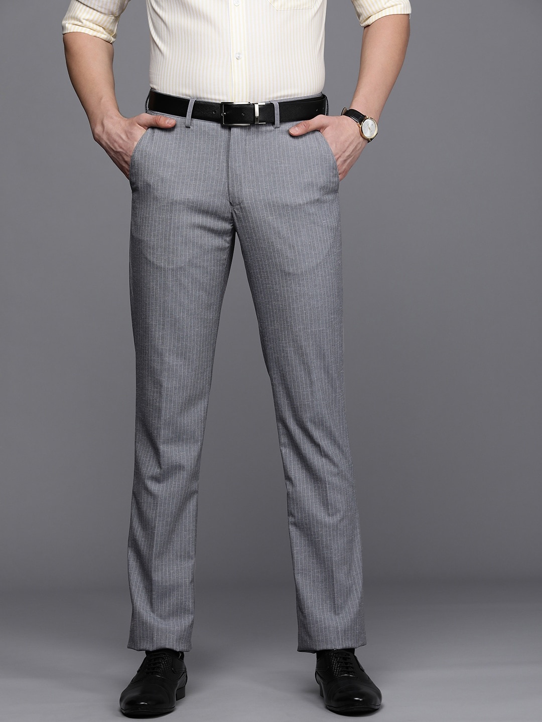 

Louis Philippe Men Grey Striped Slim Fit Trousers