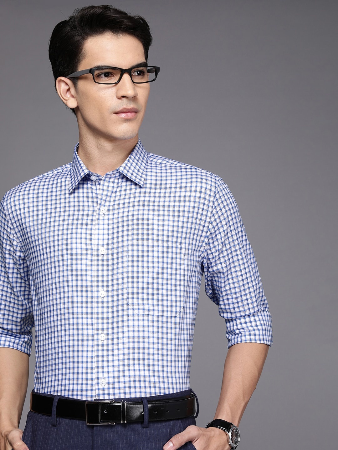 

Louis Philippe Men Blue & White Checked Slim Fit Pure Cotton Formal Shirt