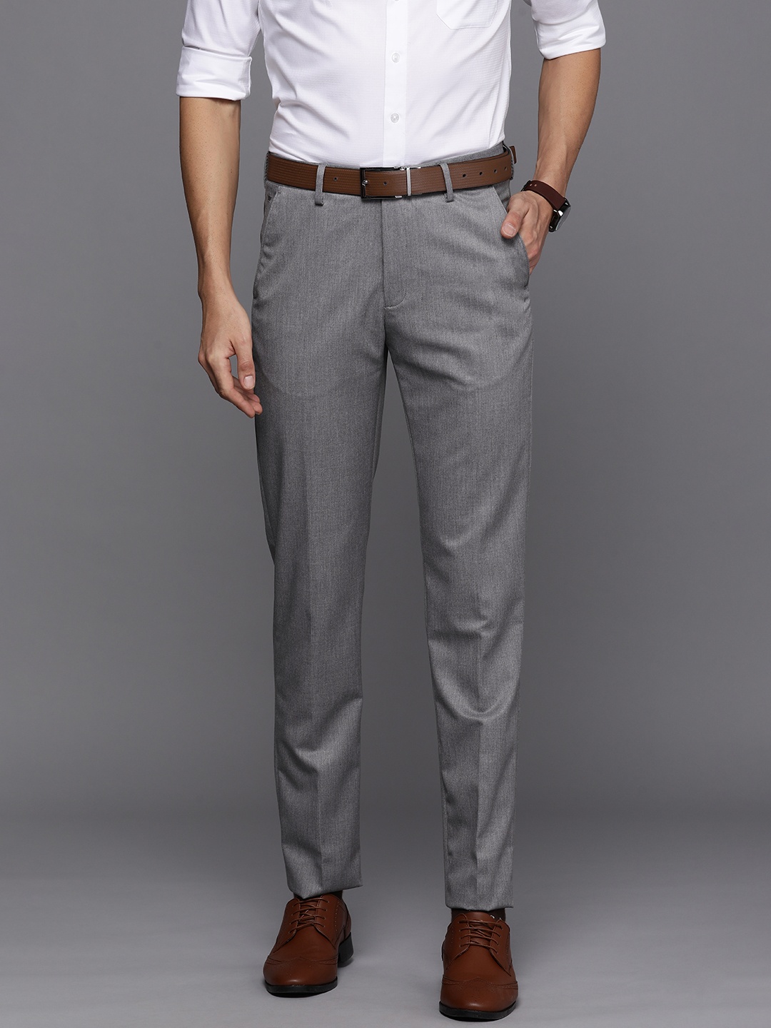 

Louis Philippe Men Grey Self Designed Slim Fit Formal Trousers