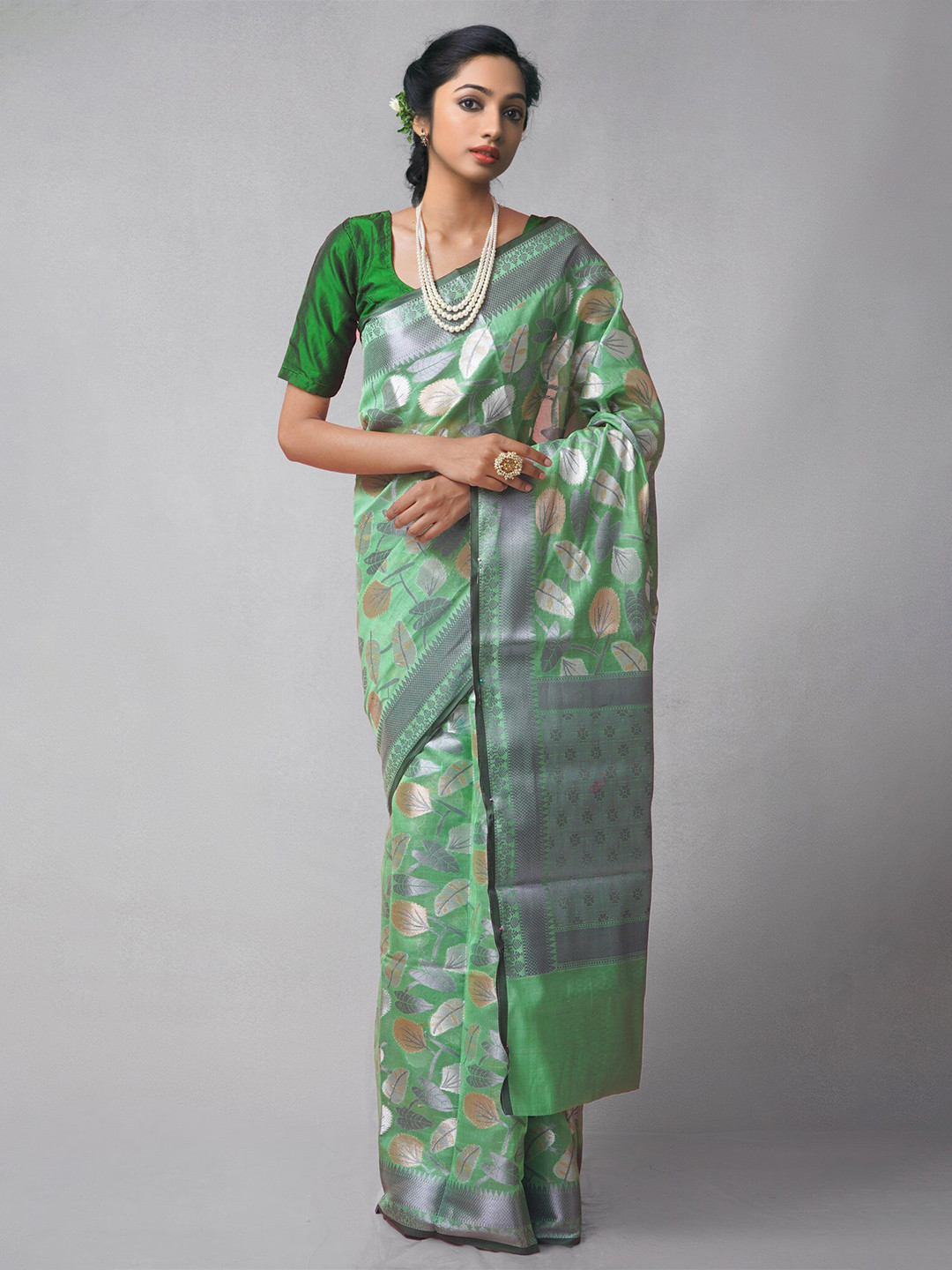 

Unnati Silks Green & Grey Woven Design Zari Silk Cotton Banarasi Saree