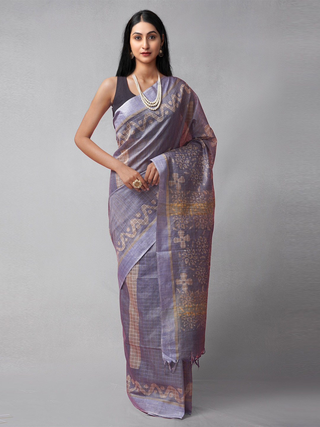 

Unnati Silks Lavender & Yellow Woven Design Silk Cotton Jamdani Saree