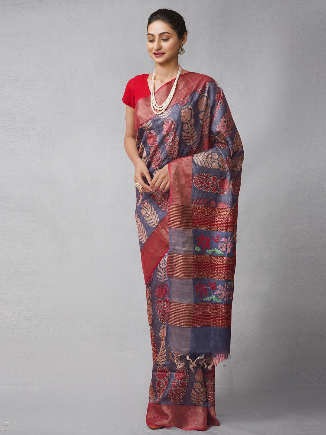 

Unnati Silks Maroon & Blue Woven Design Kantha Work Pure Silk Tussar Saree