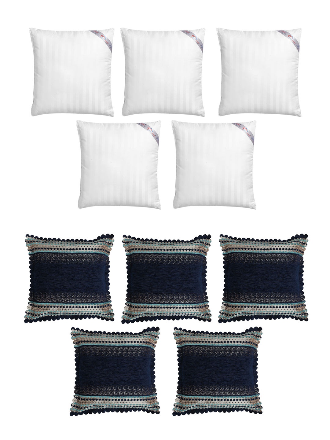 

HOSTA HOMES Set of 5 Striped Cushions & 5 Velvet Square Cushion Covers, Navy blue