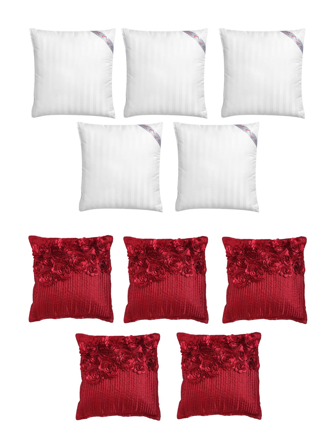 

HOSTA HOMES Set of 5 Striped Cushions & 5 Embellished Square Cushion Covers, Maroon