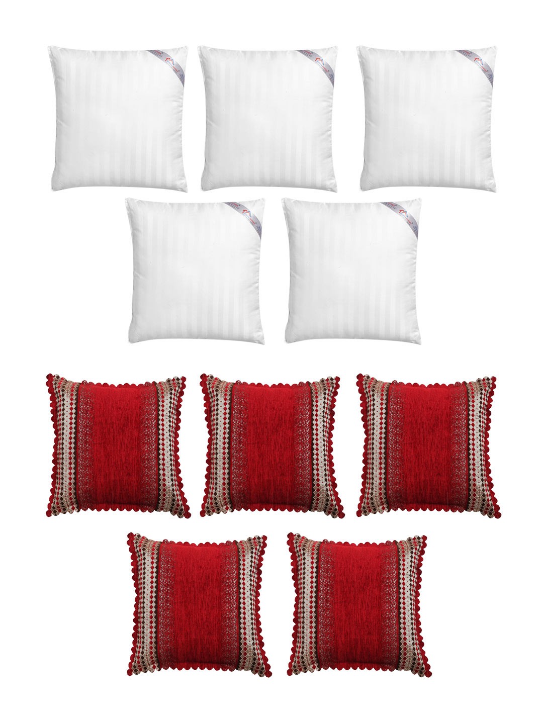 

HOSTA HOMES Set Of 5 Striped Cushions & 5 Embroidered Velvet Square Cushion Covers, Red